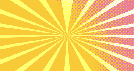 Vintage colorful comic book background. Orange Pink blank bubbles of different shapes. Rays, radial, halftone, dotted effects. For sale banner empty Place for text 1960s. Copy space vector eps10.