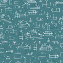 Vector repeat pattern with many gifts on dark green background. One of my Christmas collection patterns.
