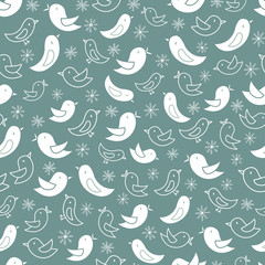 Vector repeat pattern with cute birds and snowflakes. One of the "Winter Snowmen" collection patterns.