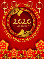 2020 Happy Chinese New Year. Design with flowers and rat on red background. paper art style. happy rat year. Vector.