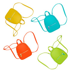 Stylish women's backpacks of different colors on a white isolated background