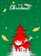 Merry Christmas. Design with santa claus on the sky to city village. paper art style. Vector. illustration.