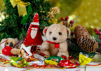 Christmas collection, gifts and decorative ornaments, on a Christmas background. photographic still life.