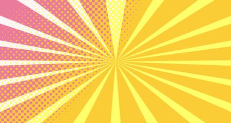 Obraz premium Vintage colorful comic book background. Orange Pink blank bubbles of different shapes. Rays, radial, halftone, dotted effects. For sale banner empty Place for text 1960s. Copy space vector eps10.