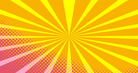 Obraz premium Vintage colorful comic book background. Orange Pink blank bubbles of different shapes. Rays, radial, halftone, dotted effects. For sale banner empty Place for text 1960s. Copy space vector eps10.