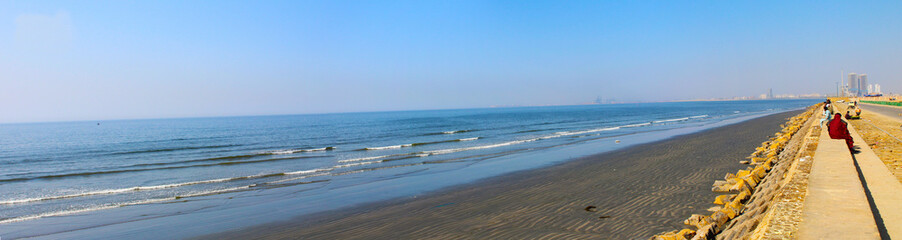 panorama of seaview karachi. panorama of do darya wall karachi. A beautiful picture of seaview karachi. A beautiful panorama of beach with stones. A beautiful panoramic picture.