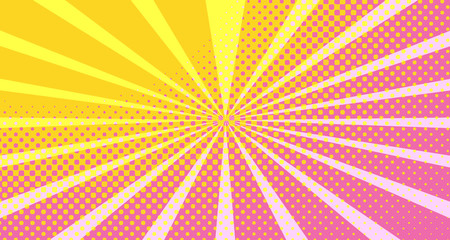 Obraz premium Vintage colorful comic book background. Orange Pink blank bubbles of different shapes. Rays, radial, halftone, dotted effects. For sale banner empty Place for text 1960s. Copy space vector eps10.