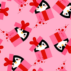 This is vector seamless pattern texture of penguin in gift box and hearts on pink background.