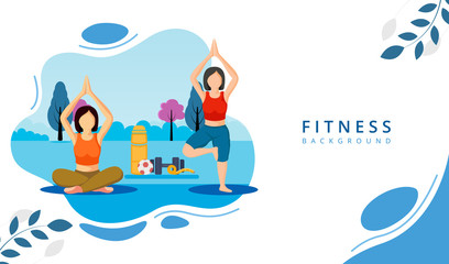 Girls doing exercises, Health and fitness concept banner design
