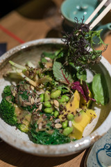 Asian Style Green Salad with Avocado, Broccoli, Edamame Beans and Seeds