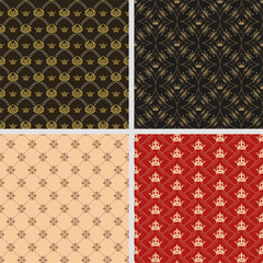 Set of four background wallpapers in vintage style for your design. Royal style. Colors image: black, red, gold, brown. Graphic design templates, background seamless patterns. Vector set.