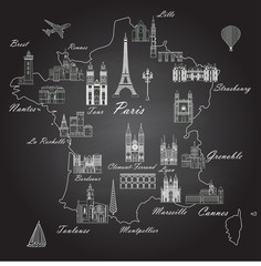 France travel map with sights drawn in chalk on a blackboard style vector illustration. Popular buildings for tourists. French map. Tourism and travel.	