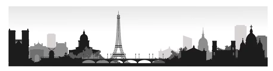 Tuinposter Panorama of Paris flat style vector illustration. Cartoon Paris architecture symbols and objects. Paris city skyline vector background. Flat trendy illustration © suriwgelena