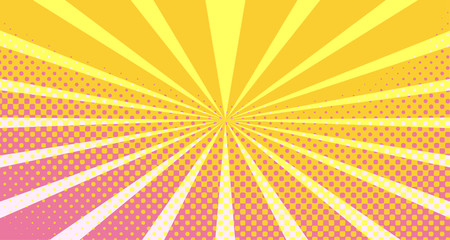 Vintage colorful comic book background. Orange Pink blank bubbles of different shapes. Rays, radial, halftone, dotted effects. For sale banner empty Place for text 1960s. Copy space vector eps10.