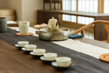 tea set on wooden table