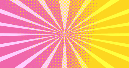 Vintage colorful comic book background. Orange Pink blank bubbles of different shapes. Rays, radial, halftone, dotted effects. For sale banner empty Place for text 1960s. Copy space vector eps10.