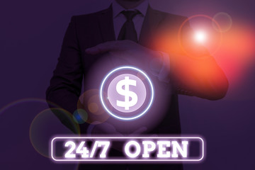 Conceptual hand writing showing 24 Or 7 Open. Concept meaning used to describe a service that is always available to serve