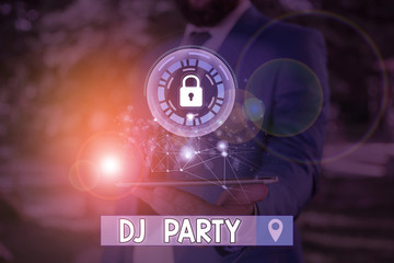 Writing note showing Dj Party. Business concept for demonstrating who introduces and plays recorded...