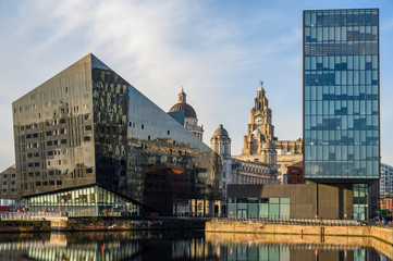 Modern office buildings surrounding Canning Dock with The Liver Building in the background