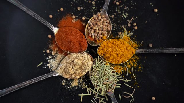 Healthy Paleo Spices In Teaspoons On Table Rotating - Turmeric