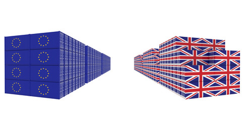 Fototapeta premium Two group Cargo Containers with UK and European Union Flag on white background. 3D Illustration.