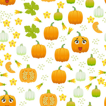 Cute seamless pattern with cartoon emoji pumpkin