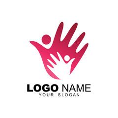 Obraz premium Logo children and adults in the form of hands,charity icon, organization of volunteers, family symbol