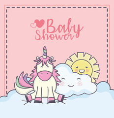 baby shower cute unicorn cloud and sun pink background