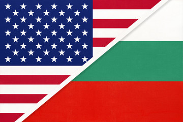 Fototapeta na wymiar USA vs Bulgaria national flag from textile. Relationship between american and european countries.