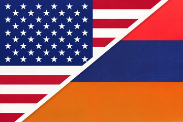 Fototapeta na wymiar USA vs Armenia national flag from textile. Relationship between american and european countries.