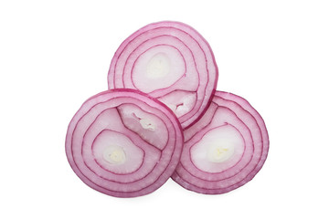 sliced red onion on white background, isolated. top view