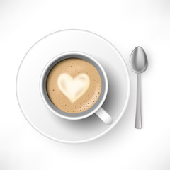 A cup of Cappuccino coffee with spoon and saucer top view. Realistic vector illustration. 3d model whipped drink in white cup with shadow isolated on white background
