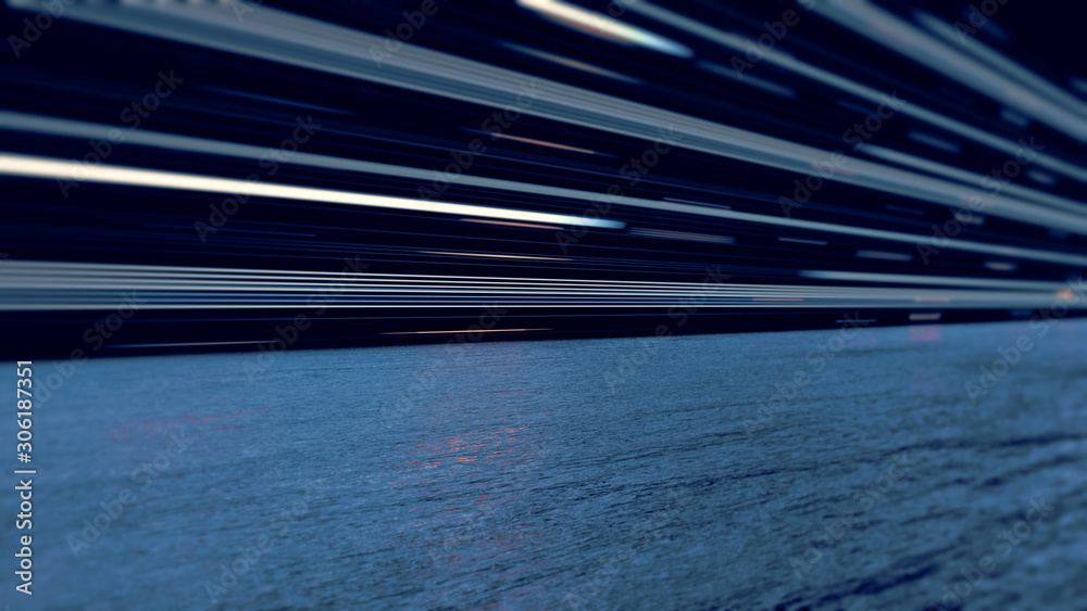 Poster 3d rendering of asphalt road surface in tunnel with light reflection and dept of field effect. for c