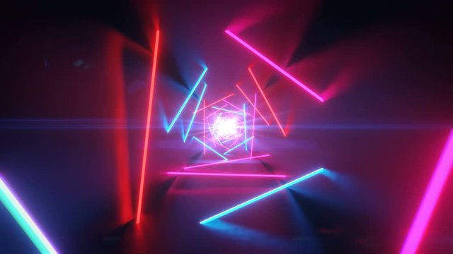 Abstract futuristic corridor with triangles, colorful laser neon lines, geometric endless tunnel, 3d render