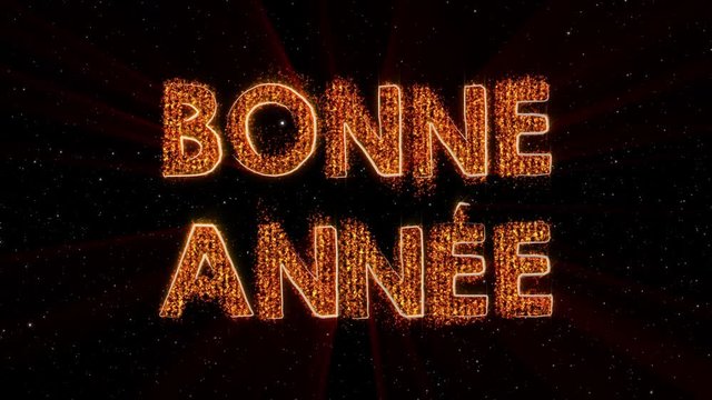 "Happy New Year" text in French "Bonne Annee" loop animation over dark animated background