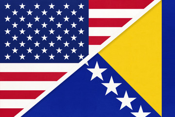 USA vs Bosnia and Herzegovina national flag from textile. Relationship between american and european countries.