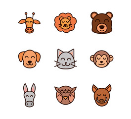 cute face animals cartoon icons set