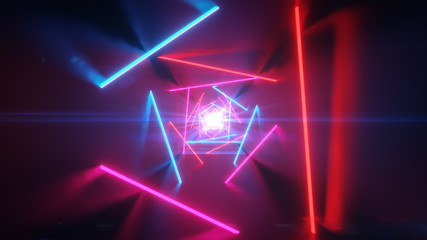 Abstract futuristic corridor with triangles, colorful laser neon lines, geometric endless tunnel