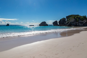 Looking out over the ocean from the sandy beach, at Horseshoe Bay on the Island of Bermuda