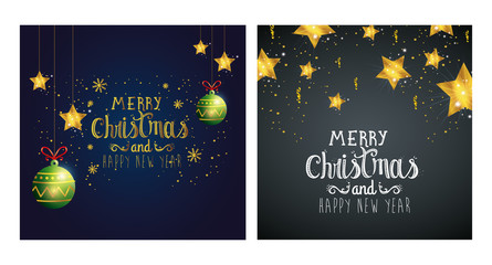 set poster of merry christmas and happy new year with decoration vector illustration design