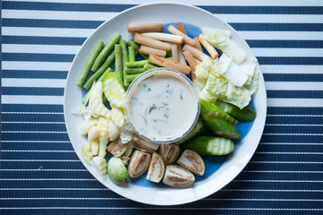 Stew crab with coconut milk dip served with various fresh vegetables, Thailand food