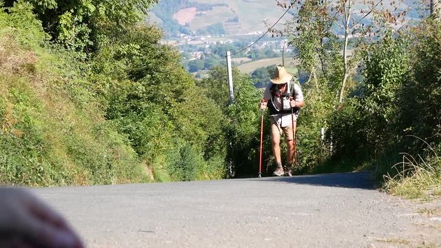 pilgrim in a hat rises uphill