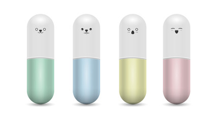 Cute drug pills and capsule vitamin isolated on white background