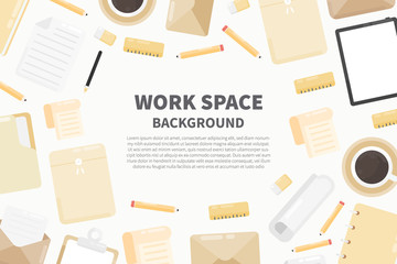 Office workspace with stationery in top view. Flat lay style. Workplace background with coffee, notebook, paper, envelope, tablet, ruler, clipboard. Vector background with copy space. 