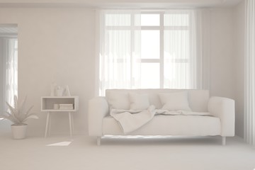 Mock up of stylish room in white color with sofa. Scandinavian interior design. 3D illustration