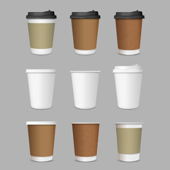 Paper Coffee Cups, vector set realistic 3d style
