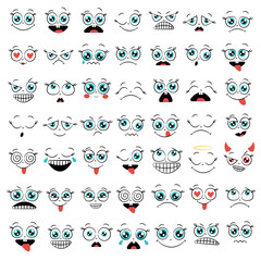 Set of funny cartoon faces. Caricature comic emotions. Doodle style. Isolated vector illustration