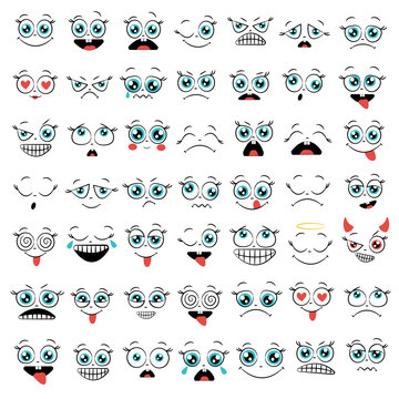 Set of funny cartoon faces. Caricature comic emotions. Doodle style.  Isolated vector illustration Stock Vector | Adobe Stock