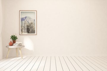 Mock up of empty room in white color with table and picture on a wall. Scandinavian interior design. 3D illustration