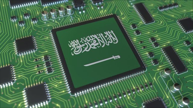 National flag of Saudi Arabia on the operating chipset. Information technology or hardware development related conceptual 3D animation